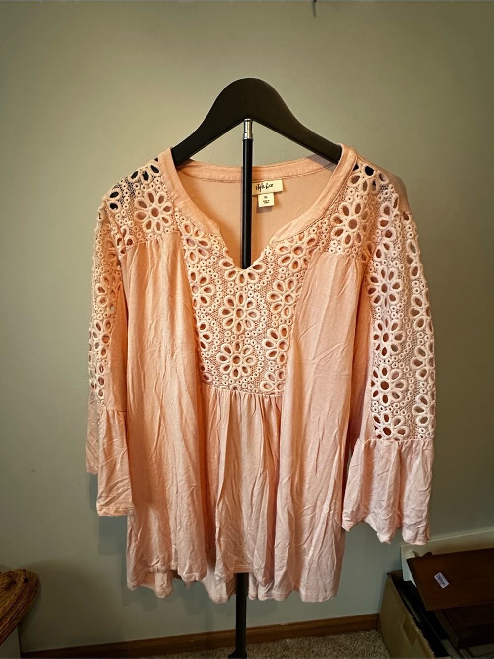 Style & Co XL Pink Boho Peasant Top Eyelet Lace Details Cottagecore
